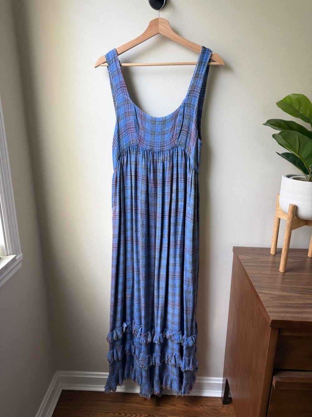 Free People Blue Plaid Tiered Maxi Dress